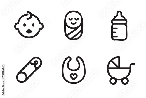 Black outline icons of baby-related items including a baby face, swaddled infant, feeding bottle, safety pin, bib with heart, and stroller.