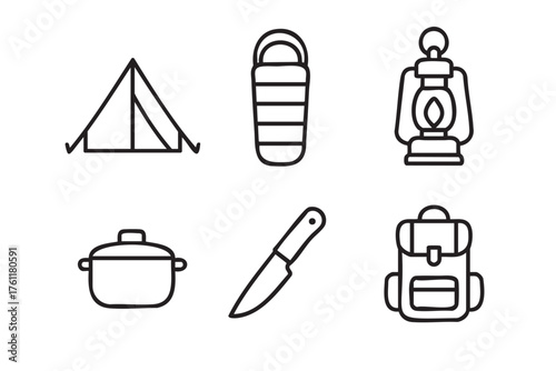 Black outline vector icons depicting a camping tent, sleeping bag, lantern, cooking pot, knife, and backpack, ideal for outdoor and adventure themes.