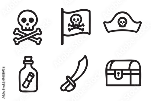 Simple black outline icons of pirate symbols including a skull and crossbones, pirate flag, hat, rum bottle, sword, and treasure chest.