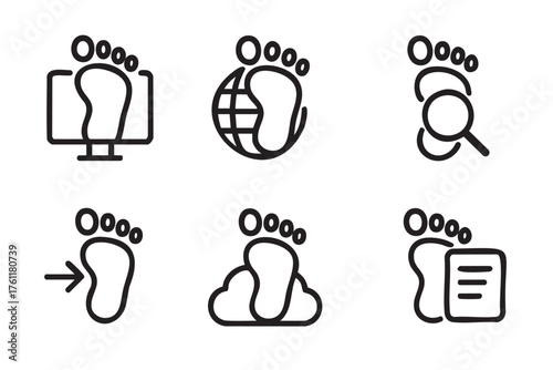 Black outline icons of footprints symbolizing digital presence, including a computer monitor, globe, magnifying glass, cloud, and document.
