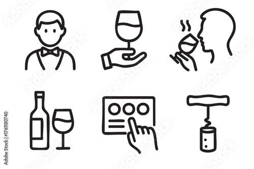 Black outline icons depicting wine elements including a man with a bow tie, a hand holding a wine glass, a person tasting wine, a wine bottle with glass, a selection panel, and a corkscrew.