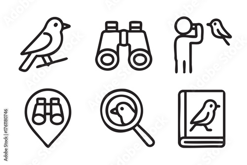 Black outline icons of birdwatching elements including a bird on a branch, binoculars, a person observing a bird, bird-related pins, and a book.