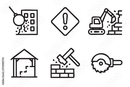 Black outline icons of demolition processes, including a wrecking ball, caution sign, excavator, damaged building, hammer on bricks, and circular saw.