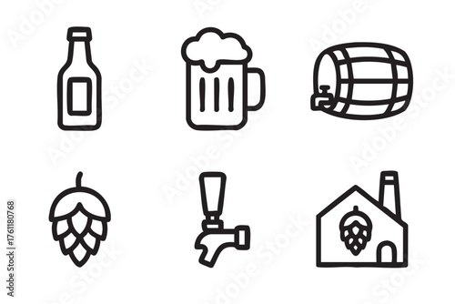 Black outline vector icons representing beer elements, including a bottle, frothy mug, barrel, hop cone, tap, and brewery building.