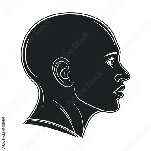 Silhouette profile of a human head showing facial features and neck detail isolated on white background