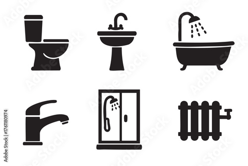 Black silhouette icons of various bathroom fixtures, including a toilet, sink, bathtub, faucet, shower enclosure, and radiator.