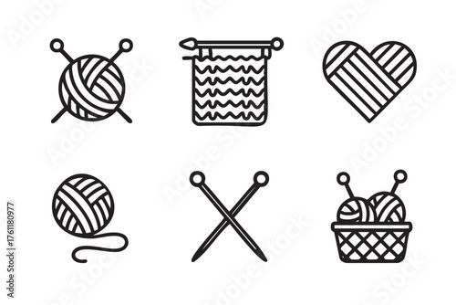 Set of six black outline icons depicting knitting concepts, including yarn balls, knitting needles, a knit heart, and a knitted fabric piece.
