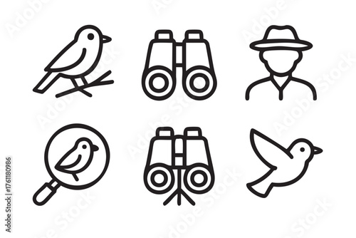 Collection of black outline icons depicting birdwatching elements including a perched bird, binoculars, a person with a hat, a magnified bird, and a flying bird.