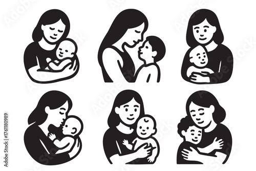 Black and white illustrations of diverse women gently holding and interacting with their babies in various nurturing poses.