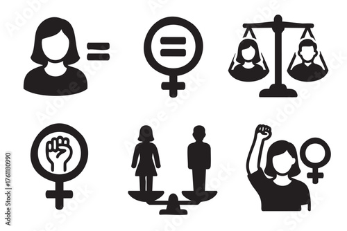 Black silhouette icons symbolizing gender equality concepts, including equality scales, male and female symbols, and empowerment gestures.