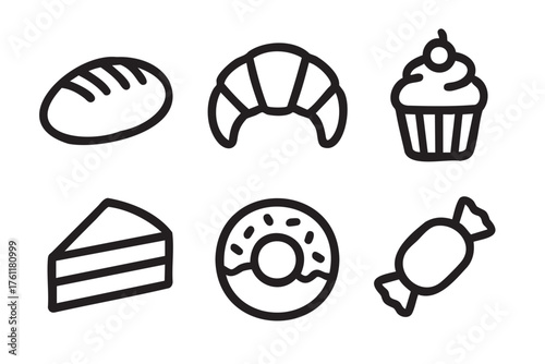 Black outline vector icons of a loaf of bread, croissant, cupcake, slice of cake, donut, and candy wrap, representing various bakery and confectionery items.