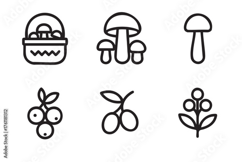 Black outline icons of mushrooms in a basket, three mushrooms, a single mushroom, cranberries, olives, and a berry plant, representing foraging items.