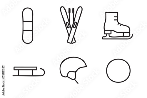 Black outline icons of winter sports equipment, including snowboard, skis, ice skate, sled, helmet, and puck, ideal for winter activities and sports themes.
