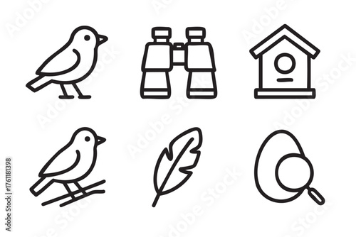 Six black outline icons depicting birdwatching equipment and symbols, including birds, binoculars, a birdhouse, a feather, and an egg with magnifying glass.