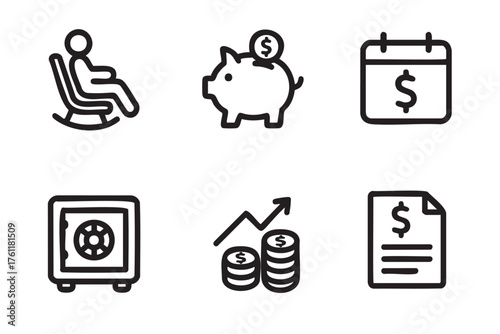 Six black outline icons depicting financial concepts, including a person in a rocking chair, piggy bank with coin, calendar with dollar sign, safe, coins with arrow, and a document.