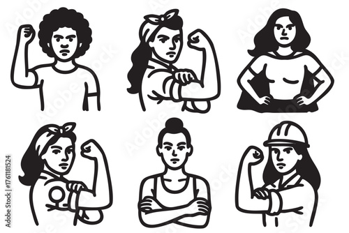 Black outline vector icons featuring six diverse female figures in confident poses, symbolizing empowerment and determination.