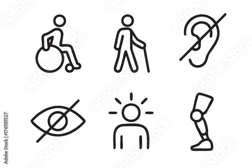 Set of six black outline icons representing disability: wheelchair user, person with cane, hearing impairment, vision impairment, mental health, and prosthetic limb.