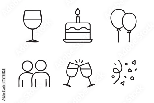 Black outline icons of a wine glass, birthday cake with candle, two balloons, two people, clinking glasses, and confetti for celebration and party themes.
