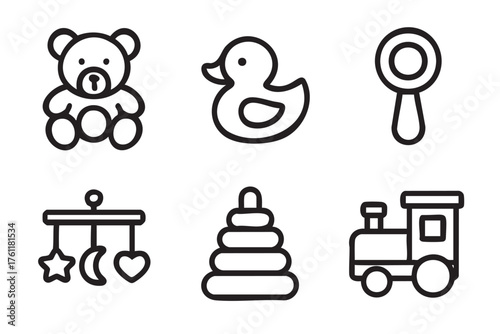 Six simple black outline icons of classic children's toys, including a teddy bear, rubber duck, rattle, mobile, stacking rings, and train.