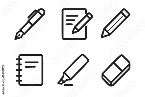 Black outline icons of a fountain pen, notebook with pages, classic pencil, spiral notebook, highlighter, and eraser in a minimal linear style.