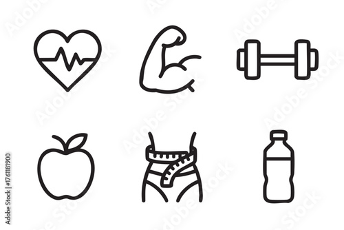 Simple black outline icons depicting a heart with pulse, muscular arm, dumbbell, apple, waist with tape measure, and water bottle for fitness and health concepts.