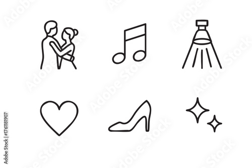 Set of six black outline icons including a dancing couple, music note, stage light, heart, high heel shoe, and sparkles.