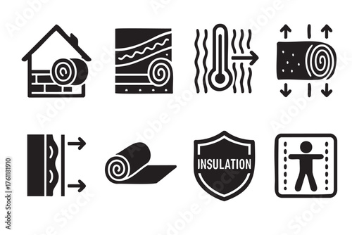 Black outline icons representing various aspects of insulation, including roll material, temperature regulation, and protection symbols.