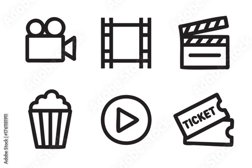 Various black outline icons representing a movie camera, film strip, clapperboard, popcorn, play button, and movie ticket, symbolizing cinematic themes.