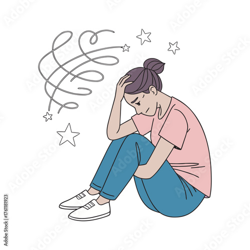 Young woman experiencing stress and overwhelmed thoughts sitting in a pose of distress isolated on white background
