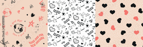 A set of patterns and prints with a pug and inscriptions for teenage girls. Vector illustration