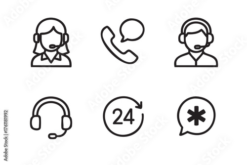 Black outline icons depicting customer service representatives, a phone with a speech bubble, headphones, a 24-hour symbol, and an asterisk in a speech bubble.