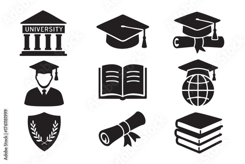 Set of black graduation icons including a university building, graduation caps, diplomas, an open book, a student with a cap, a globe, a shield, and a stack of books.
