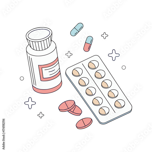 Pill bottle blister pack and loose capsules representing healthcare and medicine essentials isolated on white background