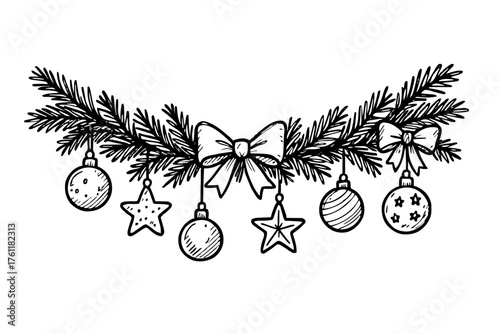 Christmas garland black and white vector drawing