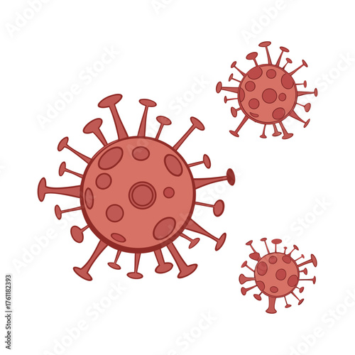 Three red cartoonish coronavirus particles displaying spikes and internal structures isolated on white background