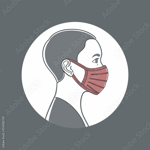 Stylized person wearing protective face mask in circular graphic symbolizing health and safety isolated on white background