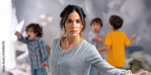 confused woman dynamic pose, with kids arguing and rampaging in chaotic messy living room background -