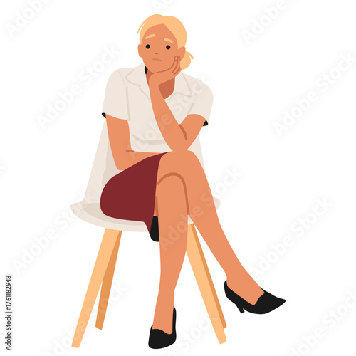 Young businesswoman cartoon character feeling sad, bored, disappointed and tired waiting on chair