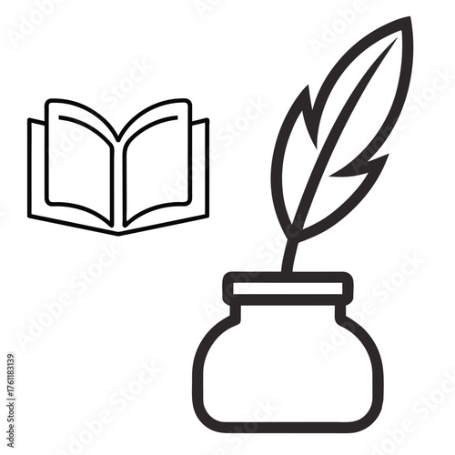Open book and quill pen with inkwell icon representing literature and writing