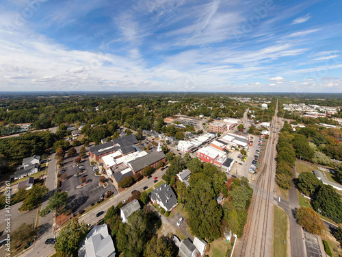 Sunny Day Time Drone Images of Downtown Apex North Carolina and Surrounding Areas