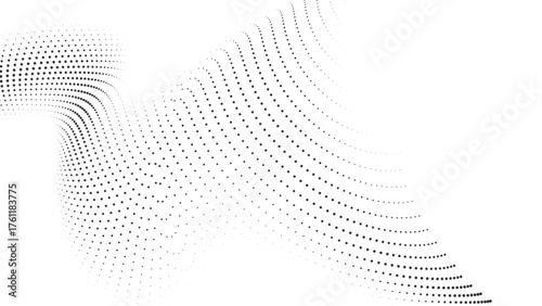 Dynamic Halftone Dot Swirl Pattern Abstract Black and White Particle Vortex Creating a Gentle Flowing Ribbon of Data on White Background