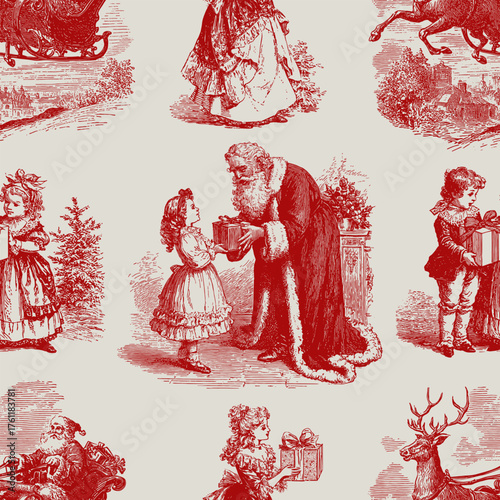 Traditional European Christmas scenes. Seamless vector pattern. Vintage engraving or ink drawing style vector illustration.