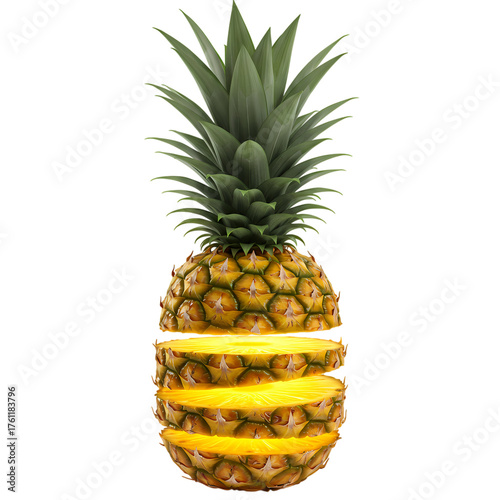 Juicy sliced pineapple revealing vibrant golden flesh and crown of green leaves, perfect for refreshing summer themes.