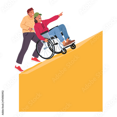 Man helping guy with disability sitting in wheelchair to climb up through giant geometric shape