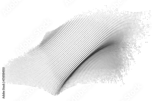 Abstract monochrome digital art featuring a flowing wave like form composed of fine parallel lines creating a sense of depth and movement