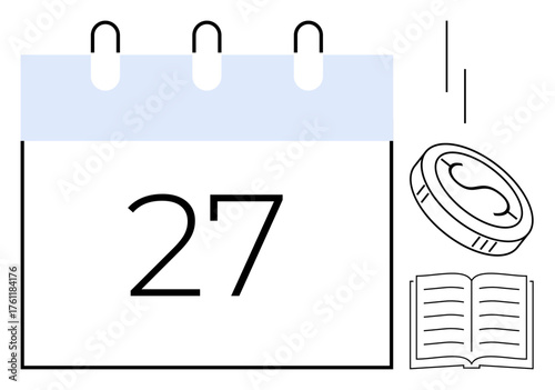 Calendar displaying number 27, falling coin, and open book emphasizing time management, financial planning, education, deadlines. Ideal for organization, budgeting, scheduling productivity