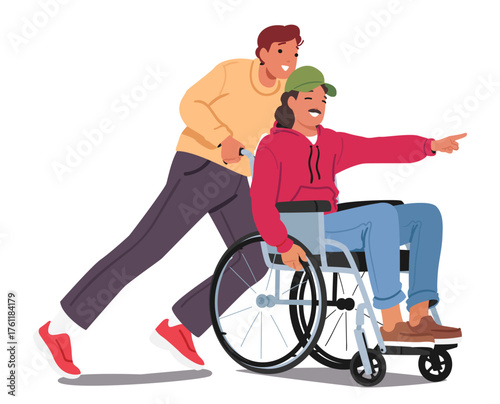 Man pushing wheelchair with coworker having disability sharing help and support isolated on white