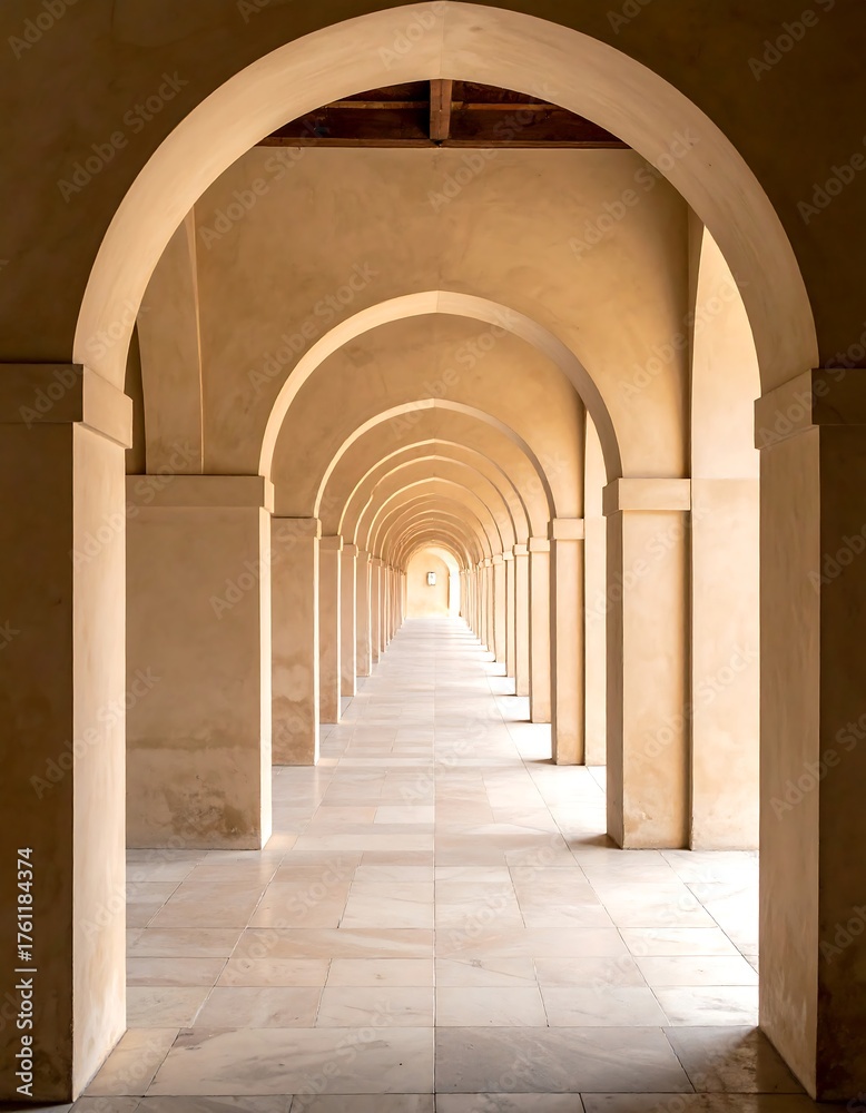 Fototapeta premium Endless arched walkway perspective with sunlight at the end
