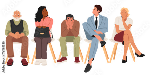 Sad, nervous, bored, irritated, pensive people diverse cartoon characters waiting while seated