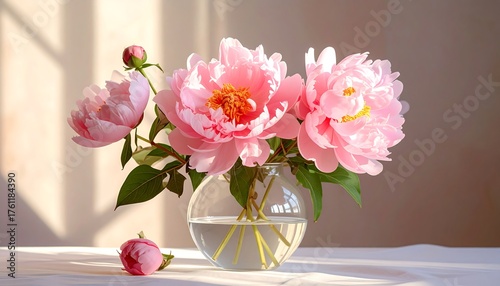 Close-up of vibrant pink peonies in a glass vase, bathed in sunlight